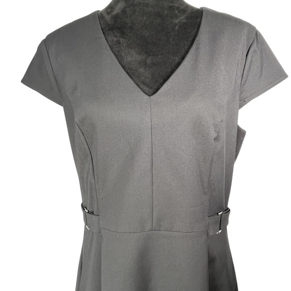 Long Tall Sally Black Midi Dress Belted Short Cap Sleeve V-Neck Classic Tailored - Picture 3 of 15